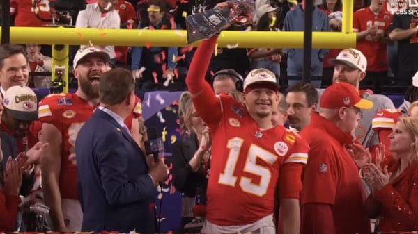 Patrick Mahomes with Lombardi trophy